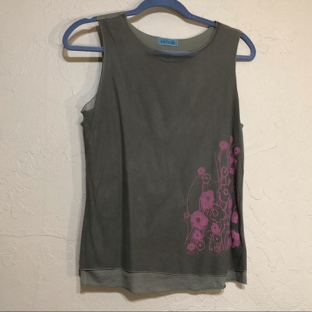 Velvet Womens Shirt Large Dark Green Pink Flowers Tank Top Blouse